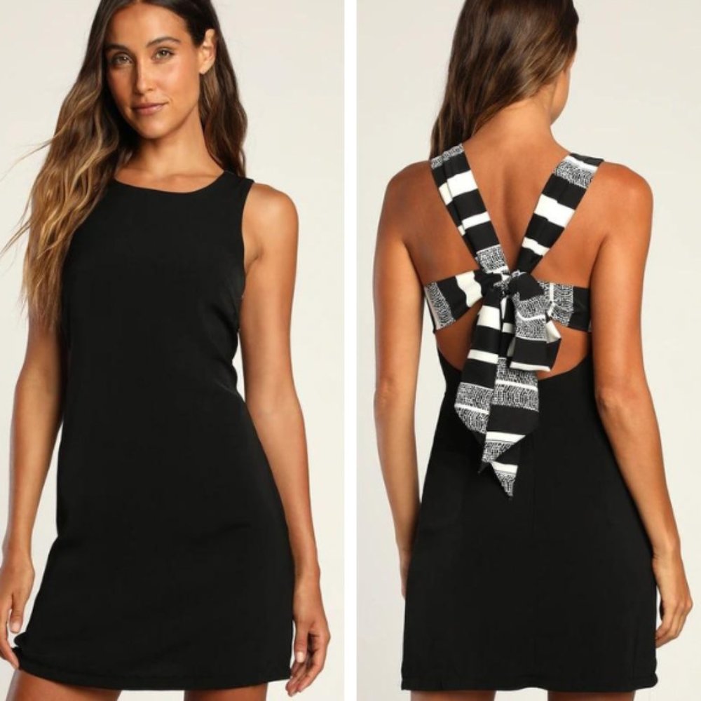 NWT Lulu's Joyful Black Multi Stripe Tie-Back Mini Dress - Picture 2 of 11